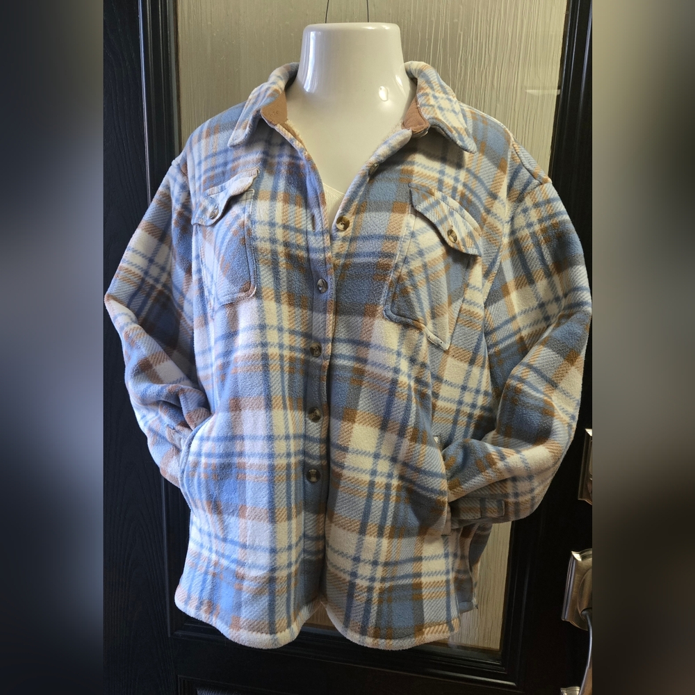 Blue and Brown Plaid Button-Up Shacket